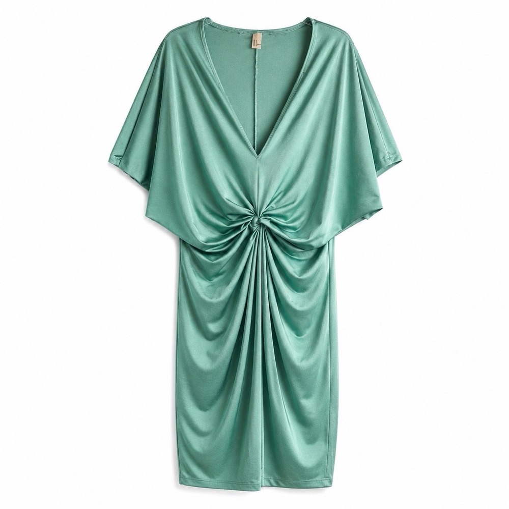 Women's XL Dress Draped Green Kimono Sleeve Cocktail Mini Bodycon Ruched Knot